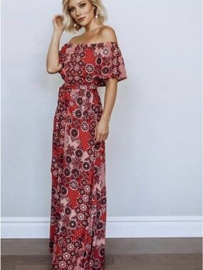 Baltic Born Red Printed Off-Shoulder Maxi Dress